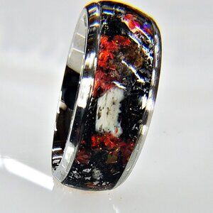 "Extinction" Ring with Dinosaur Bone, Meteorite Shavings & Red Opal